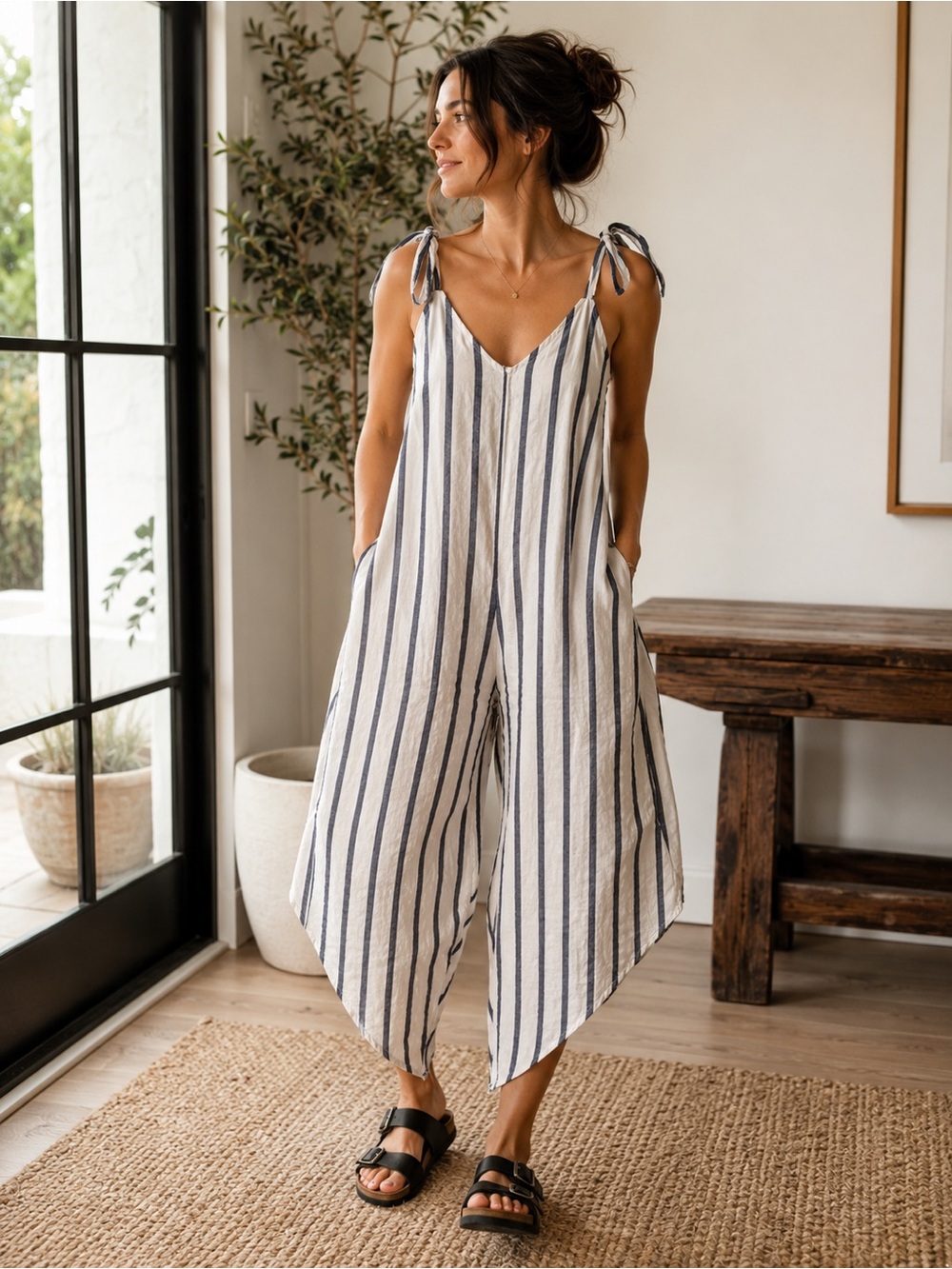 MSK Linen Blend Striped Tie Strap Wide Leg Jumpsuit Blue White Small